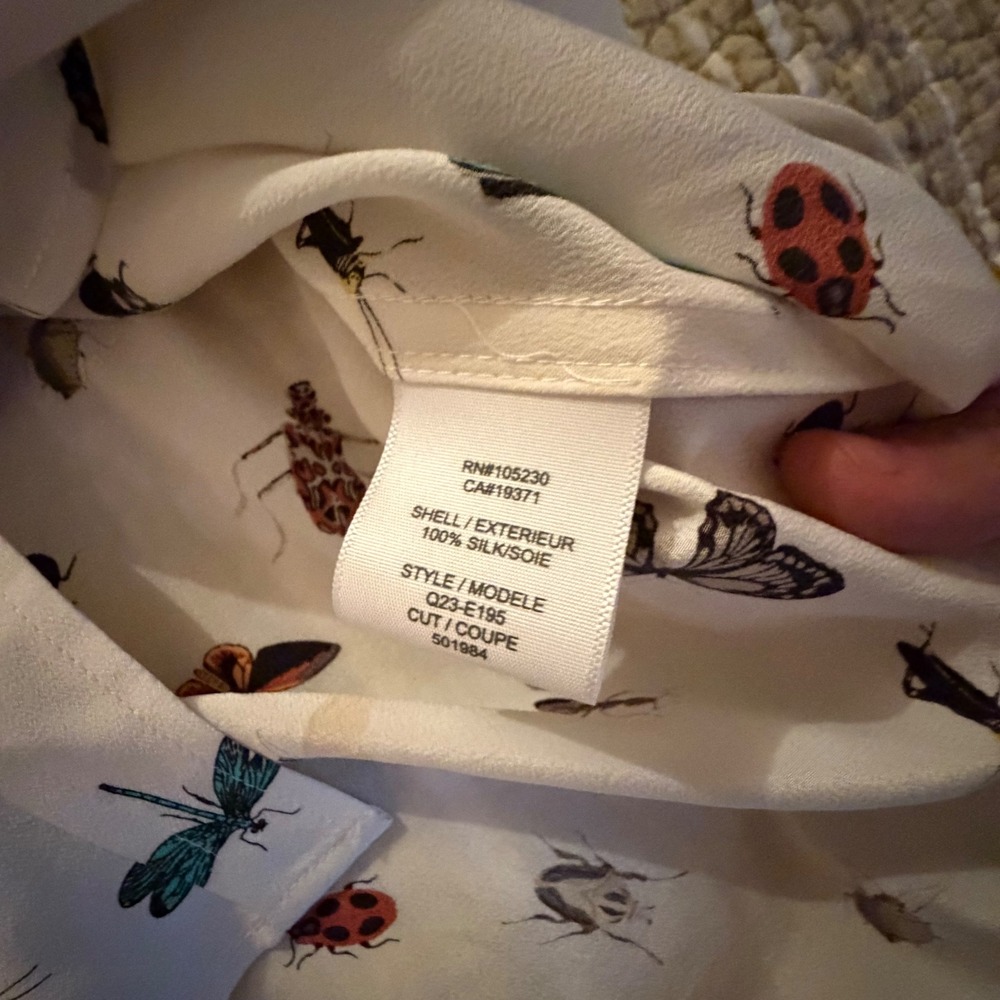 Anthropologie Silk Insect Print Button Down Shirt White Butterfly Beetle - Picture 6 of 7